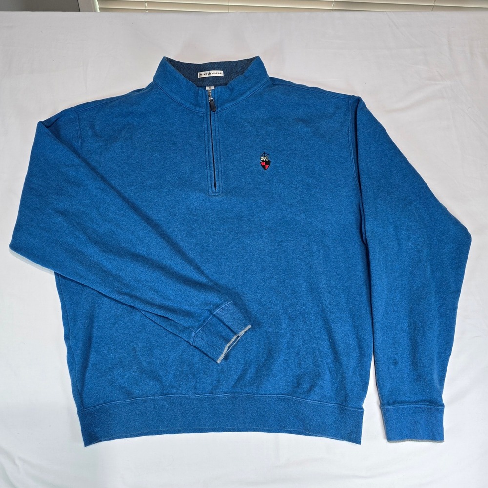 Peter Millar Mens XL Blue 1/4 Zip Cotton Pullover Sweater MF16K36 CCC Crest Logo